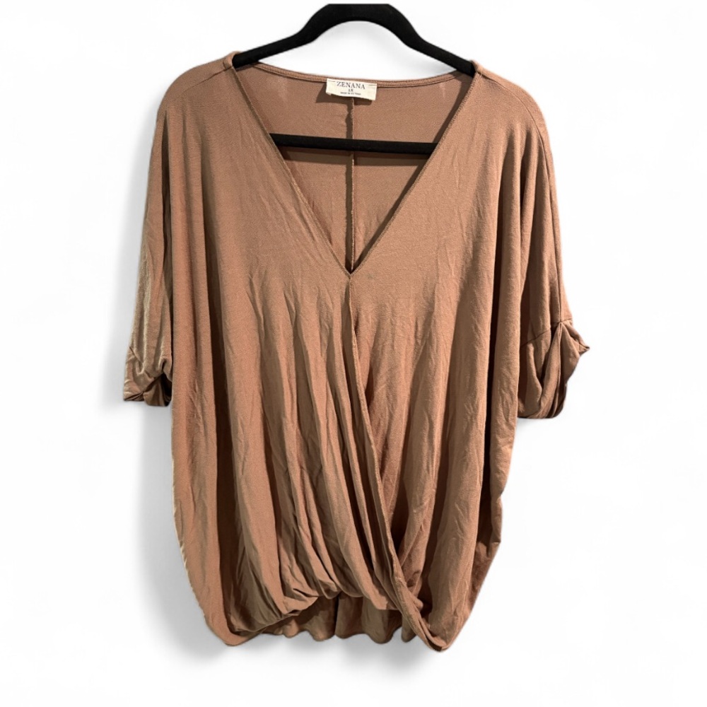 Zenana Twist Front V-Neck Oversized Dolman Sleeve Top‎ Neutral Brown- Size 1X